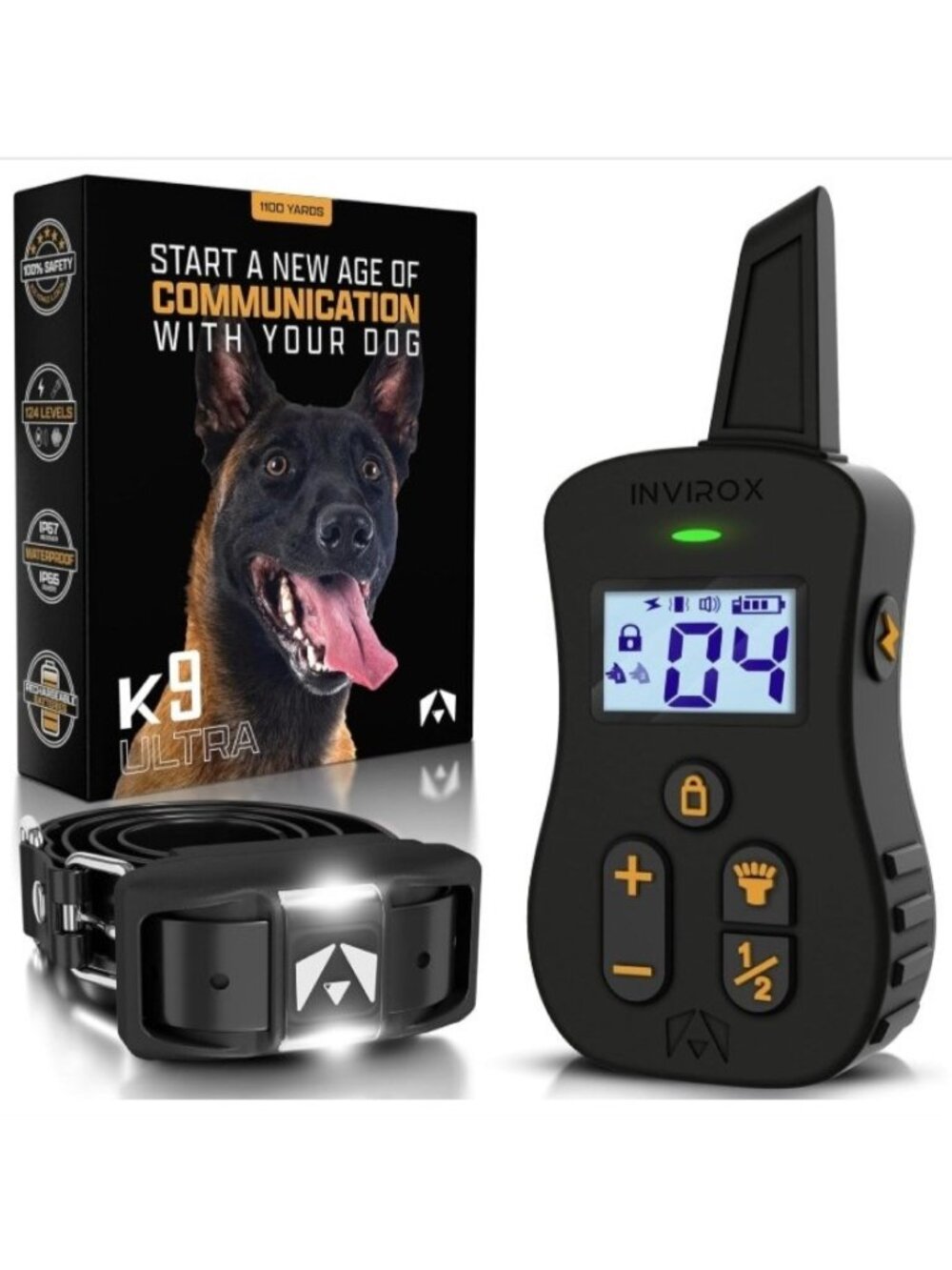 INVIROX Ultra K9 Dog Shock Collar, 124 Lvls, Night Light, IP67 Waterproof, 1 Dog